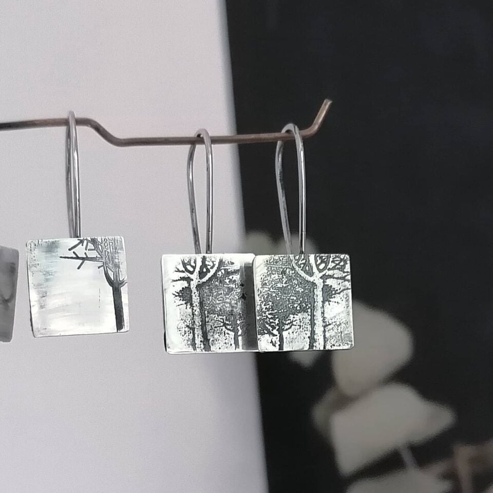 Ağaç Desenli Kare Gümüş Ağaç Küpe II