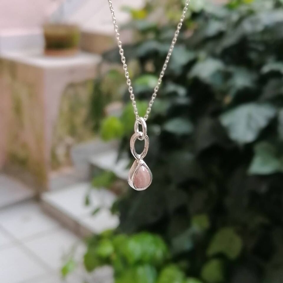 Pembe Opal Damla Taşlı Gümüş Kolye