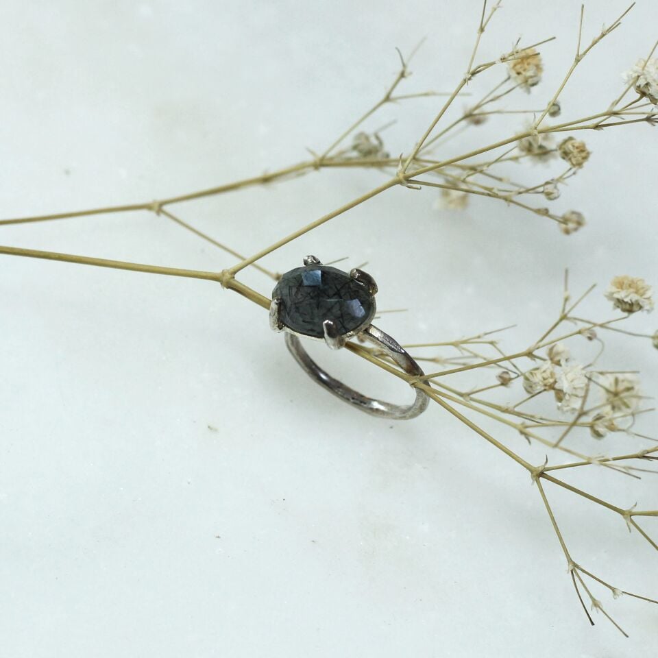 Faset Kesim Rutil Kuvars Taşlı  Gümüş Yüzük