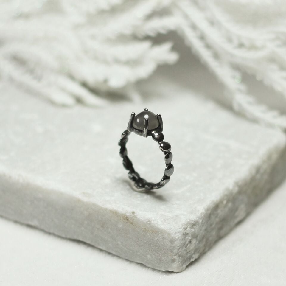 Ay Taşlı Okside Bubble Yüzük Gümüş