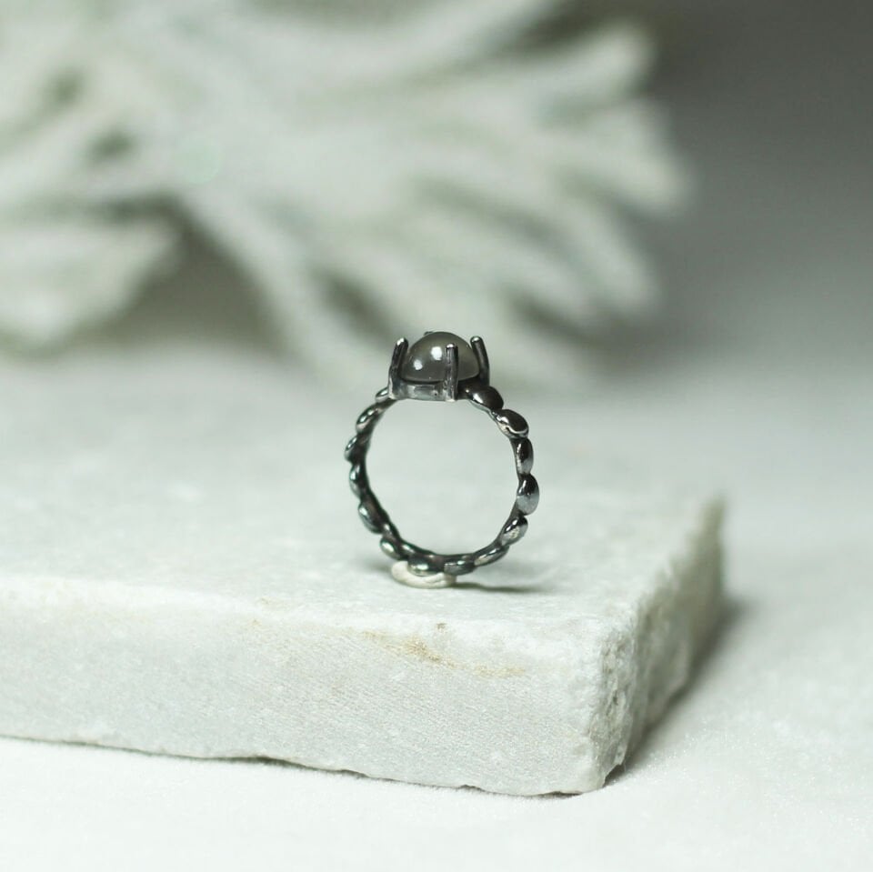 Ay Taşlı Okside Bubble Yüzük Gümüş