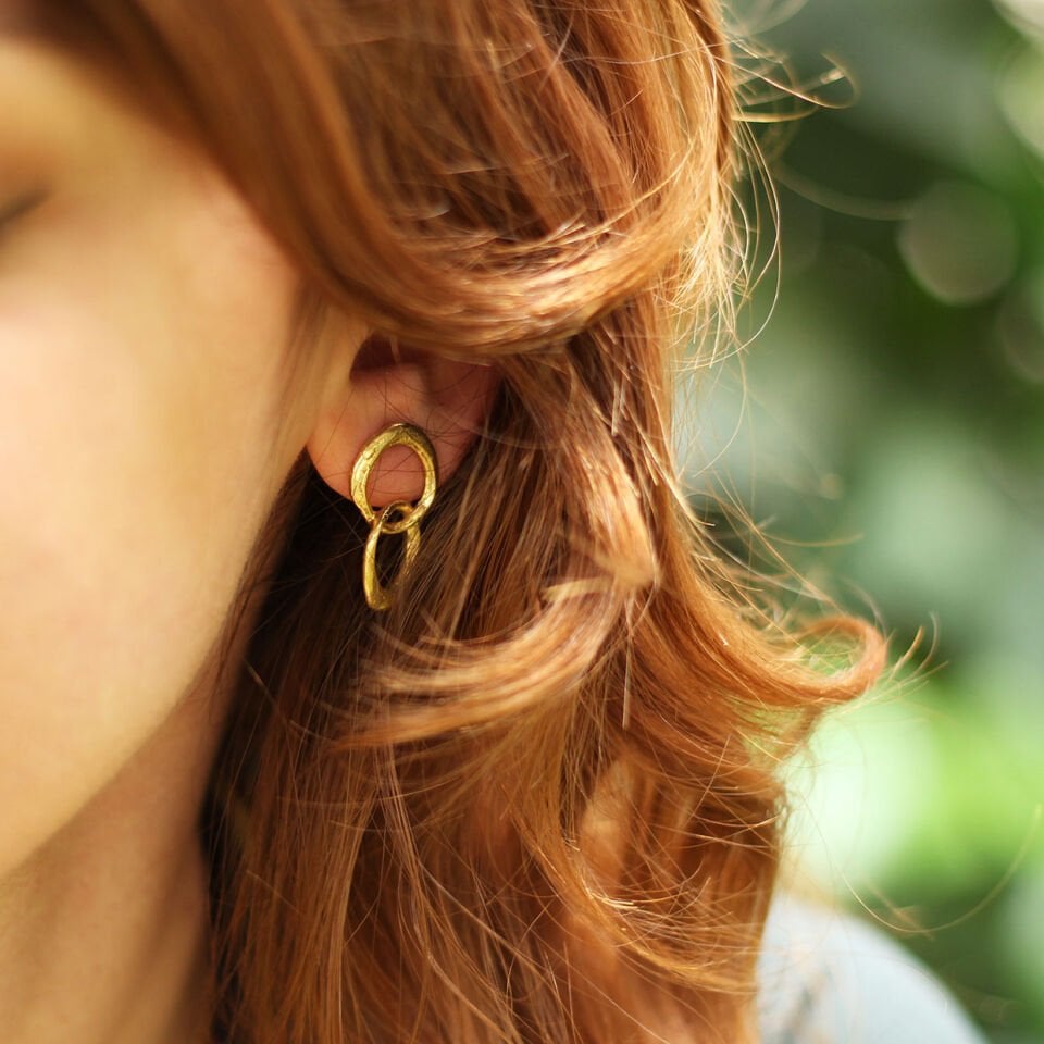 Çift Halka Bronz Küpe Altın Kaplama