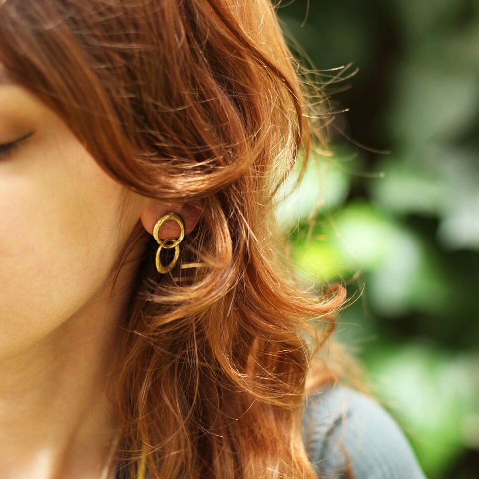 Çift Halka Bronz Küpe Altın Kaplama