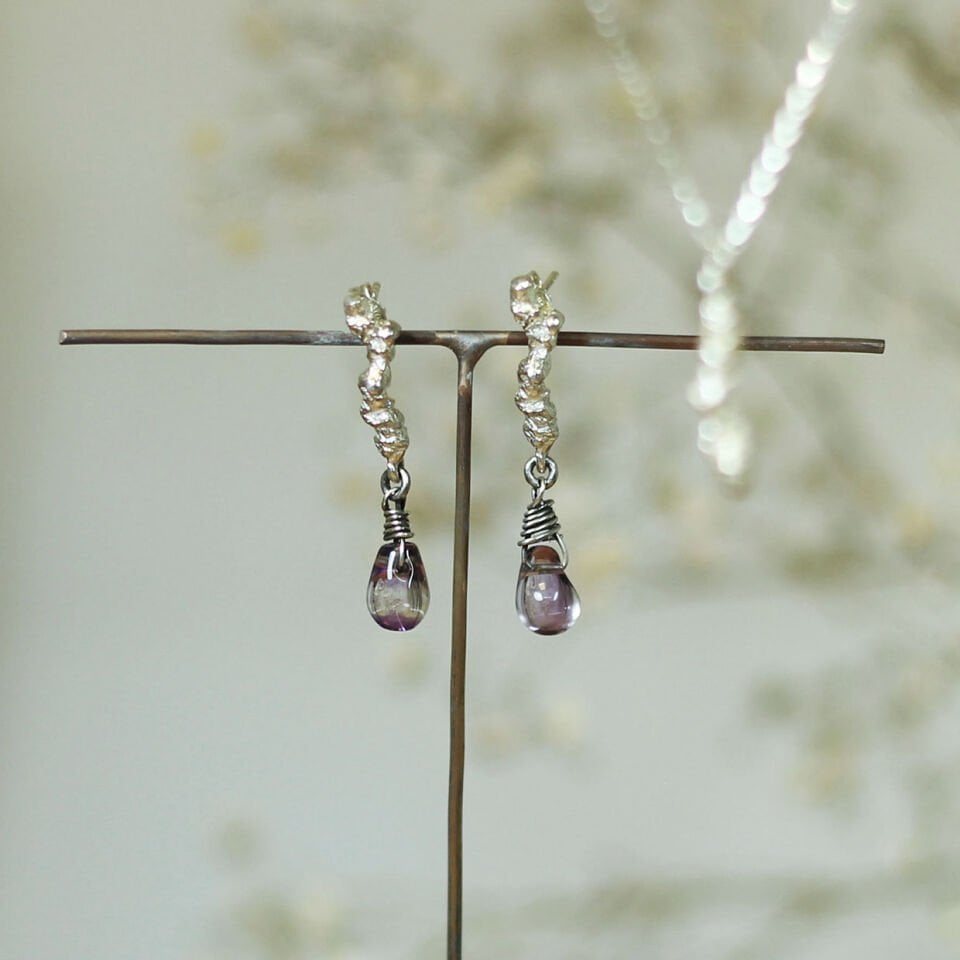 Ametist Taşlı Bürümcük Gümüş Küpe