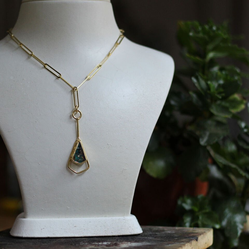 Turkuaz Taşlı Kalın Zincir Gümüş Kolye Altın Kaplama