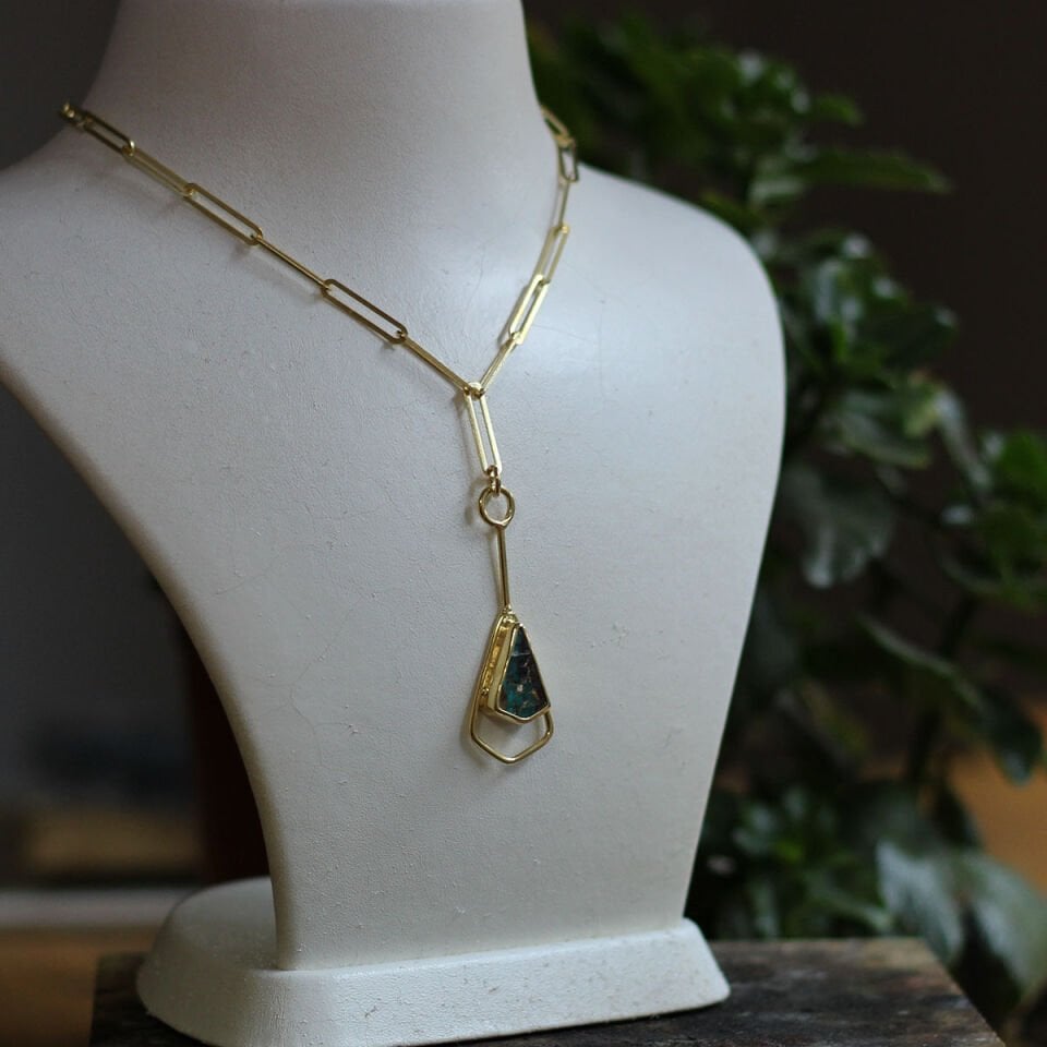 Turkuaz Taşlı Kalın Zincir Gümüş Kolye Altın Kaplama