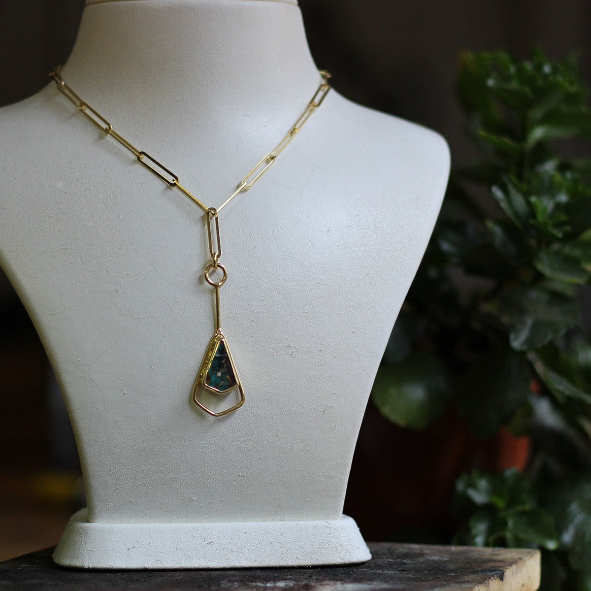 Turkuaz Taşlı Kalın Zincir Gümüş Kolye Altın Kaplama