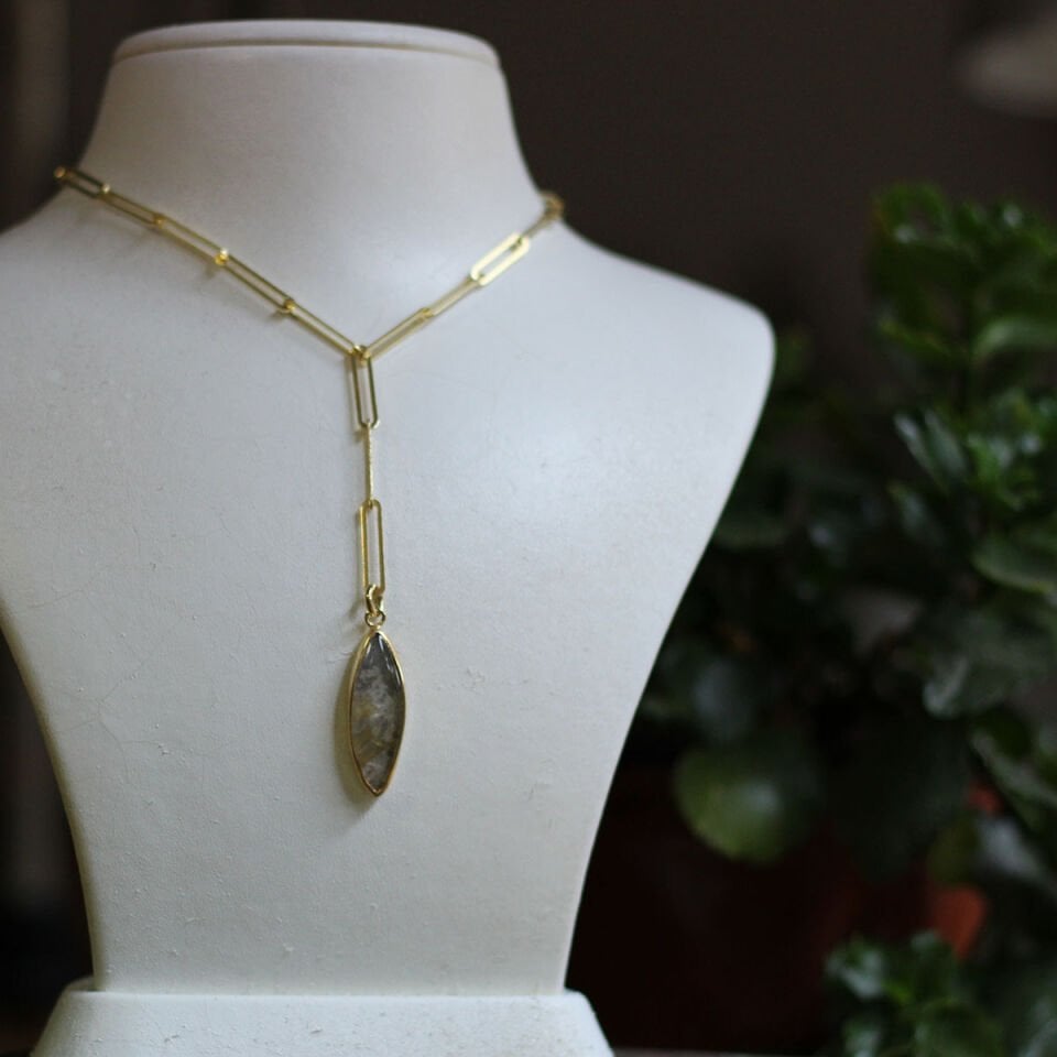 Rutil Kuvars Kalın Zincir Gümüş Kolye Altın Kaplama