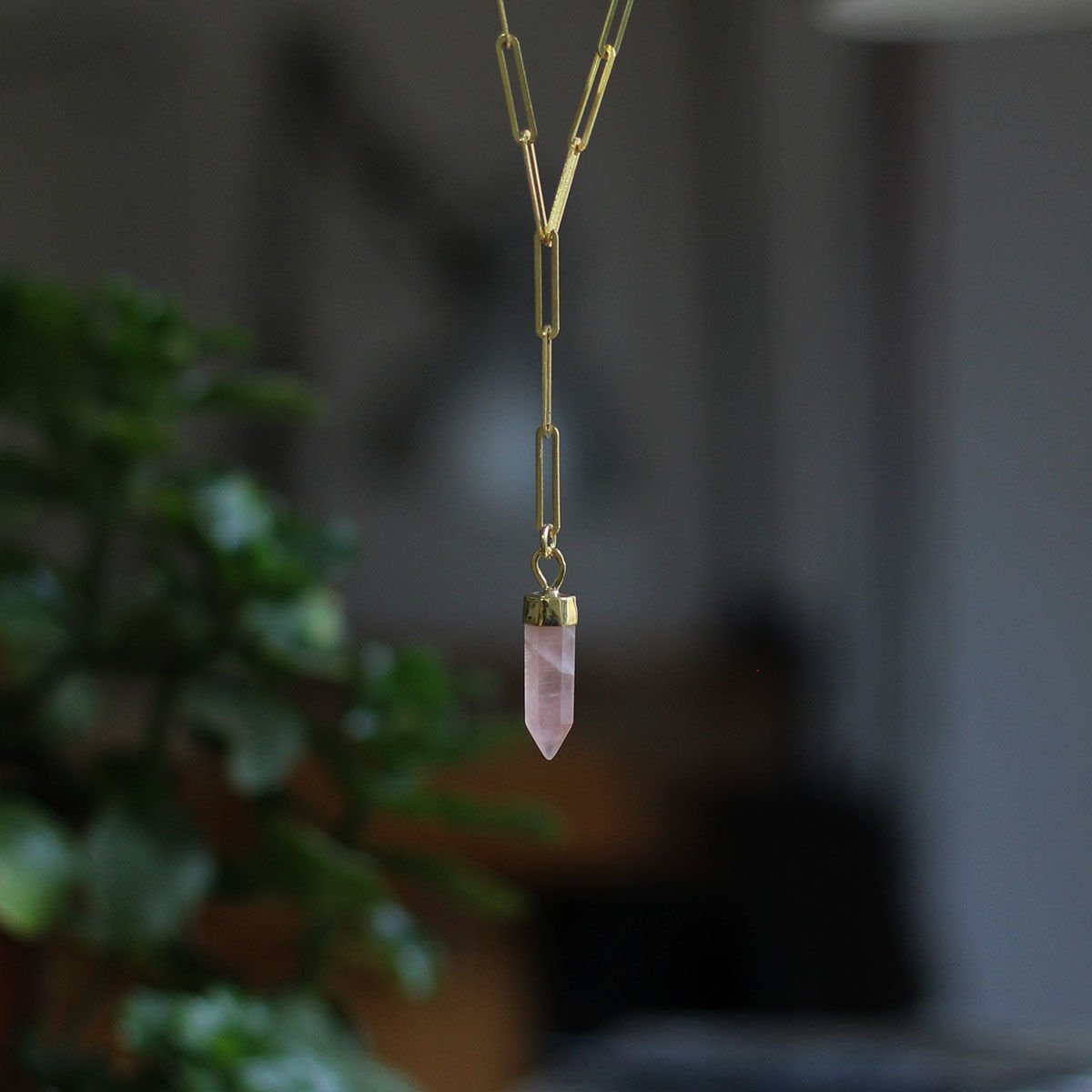 Pembe Kuvars Kalın Zincir Gümüş Kolye Altın kaplama