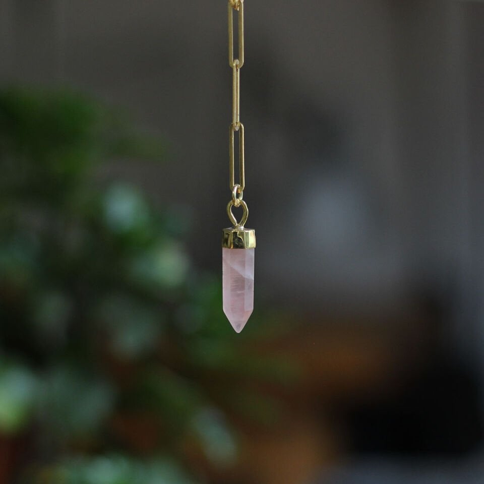 Pembe Kuvars Kalın Zincir Gümüş Kolye Altın kaplama