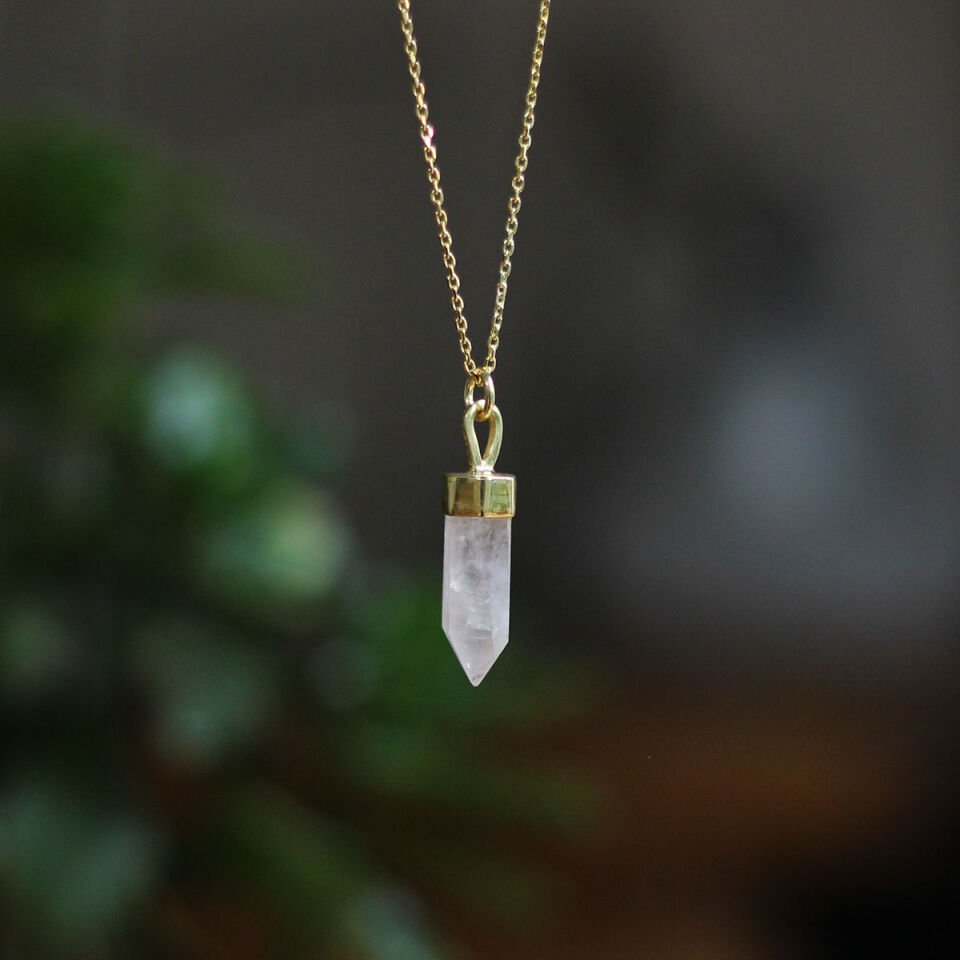 Pembe Kuvars Sütun Gümüş Kolye Altın Kaplama