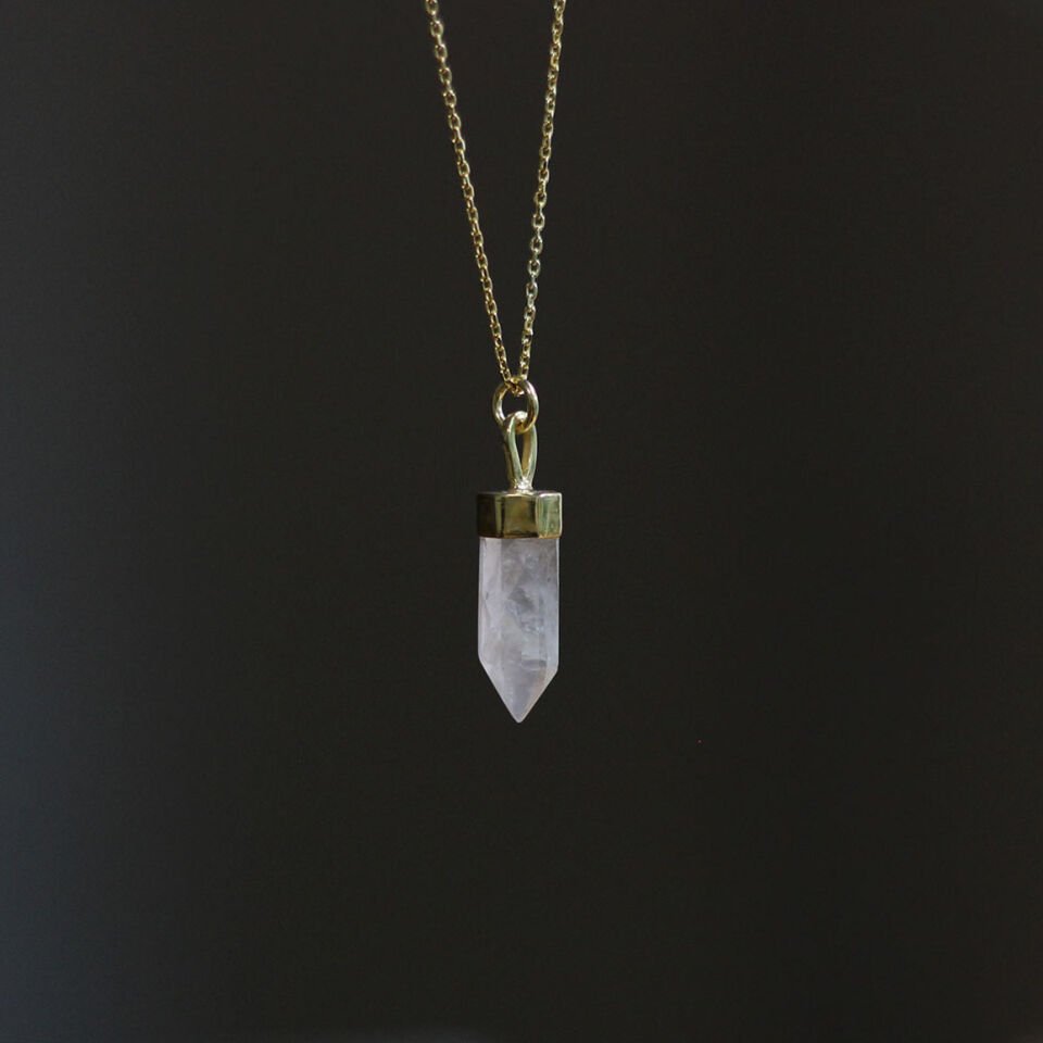 Pembe Kuvars Sütun Gümüş Kolye Altın Kaplama