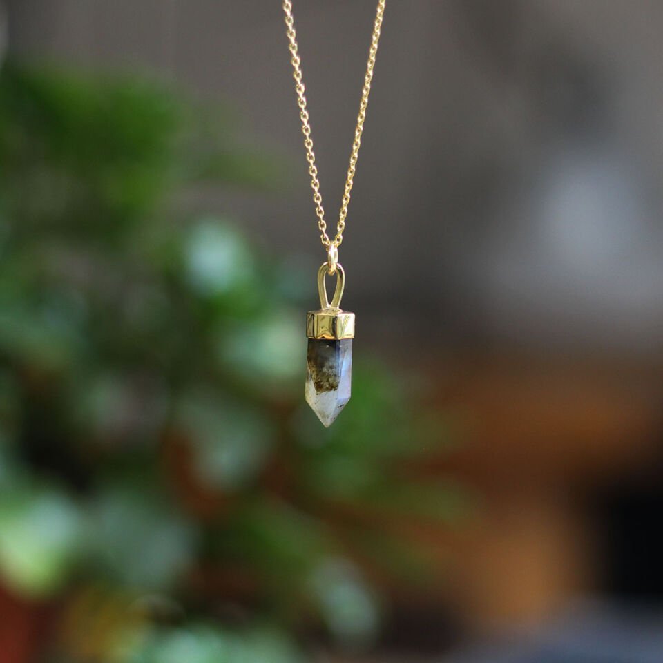 Labradorit Sütun Gümüş Kolye Altın Kaplama