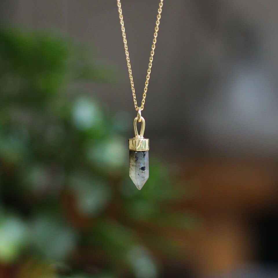 Labradorit Sütun Gümüş Kolye Altın Kaplama