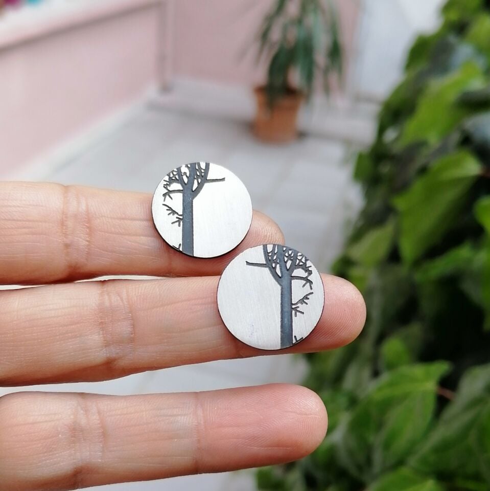 Ağaç Desenli Gümüş Daire Küpe