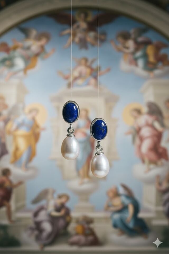 Damla İnci ve Lapis Lazuli Taşlı 925 Ayar Gümüş Küpe