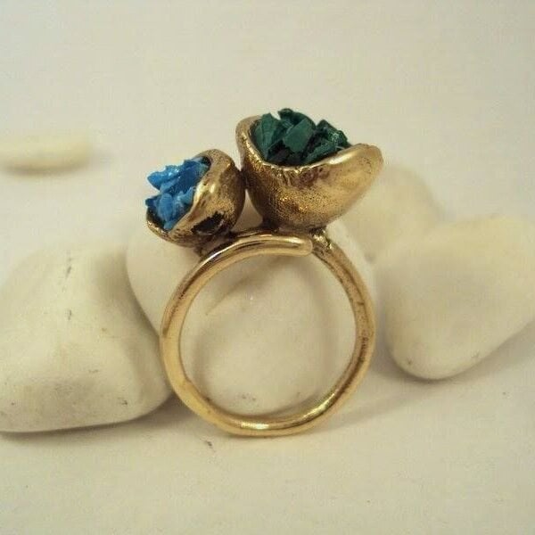 Turkuaz, Malahit Taşlı Bronz Çanak Yüzük-ikili