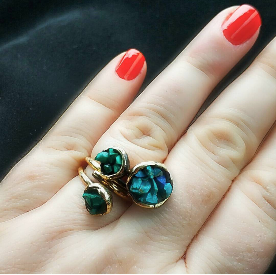 Turkuaz, Malahit Taşlı Bronz Çanak Yüzük-ikili