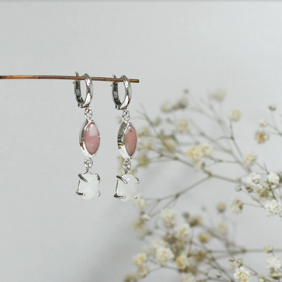 Ay Taşlı ve Pembe Opal Taşlı Gümüş Küpe