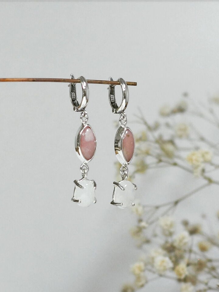 Ay Taşlı ve Pembe Opal Taşlı Küpe Gümüş