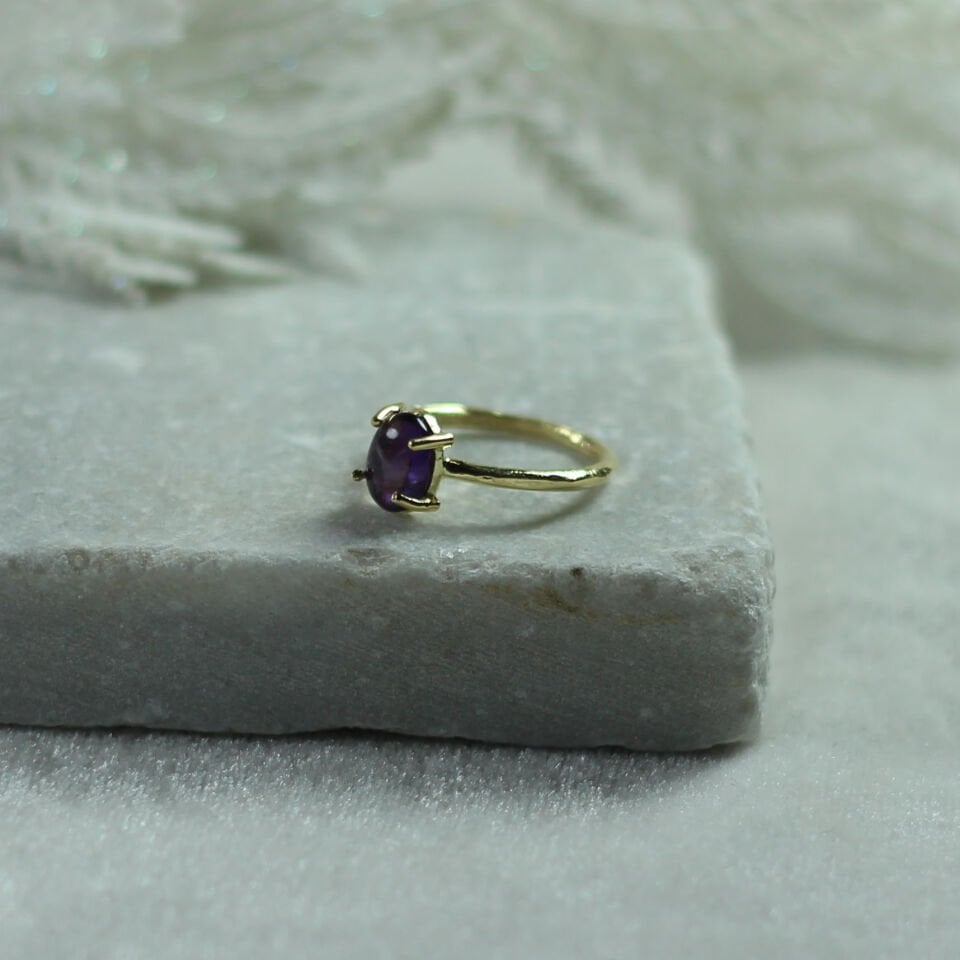 Oval Ametist Taşlı Gümüş Yüzük- Altın Kaplama