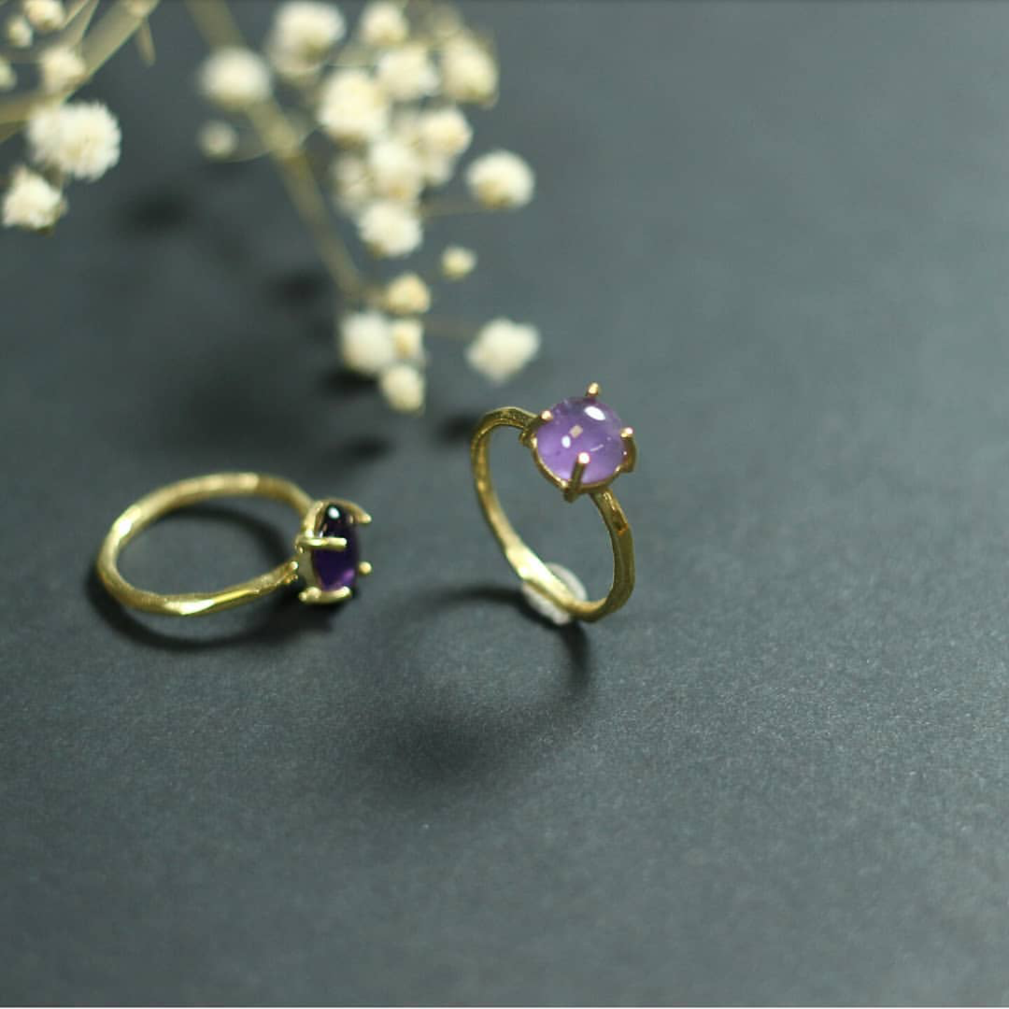 Yuvarlak Ametist Taşlı Gümüş Yüzük- Altın Kaplama