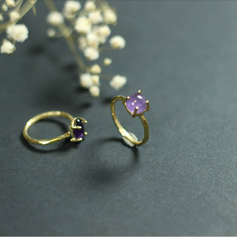 Yuvarlak Ametist Taşlı Gümüş Yüzük- Altın Kaplama