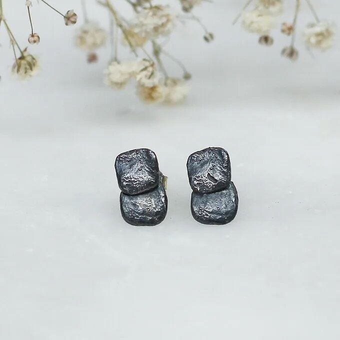 Gümüş Quadrate Küpe Black İkili