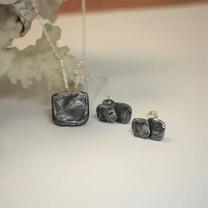 Gümüş Quadrate Küpe Black İkili