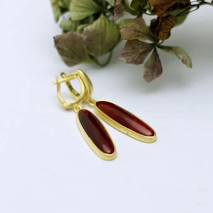 Akik Taşlı Gümüş Küpe - Altın Kaplama