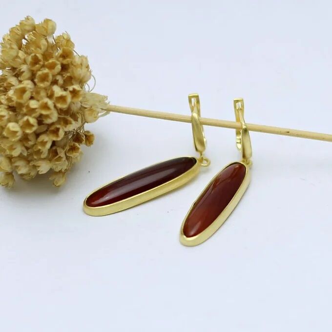 Akik Taşlı Gümüş Küpe - Altın Kaplama