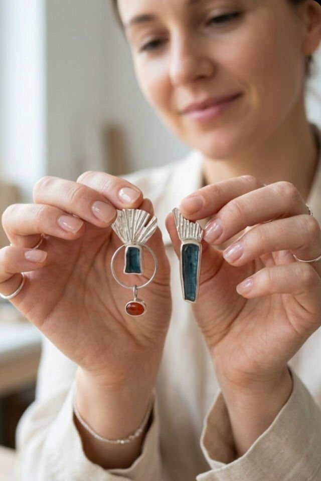 Kyanite ve Carnelian Yelpaze Gümüş Küpe