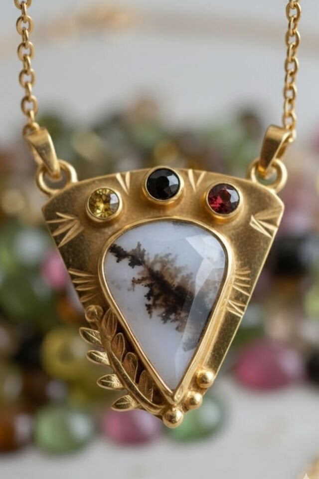 Manzara Agat ve Turmalin Detaylı Gümüş Kolye