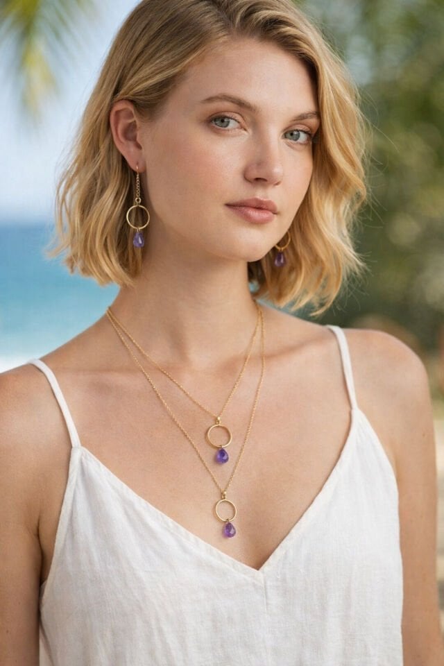 Ametist Taşlı Halka Kolye