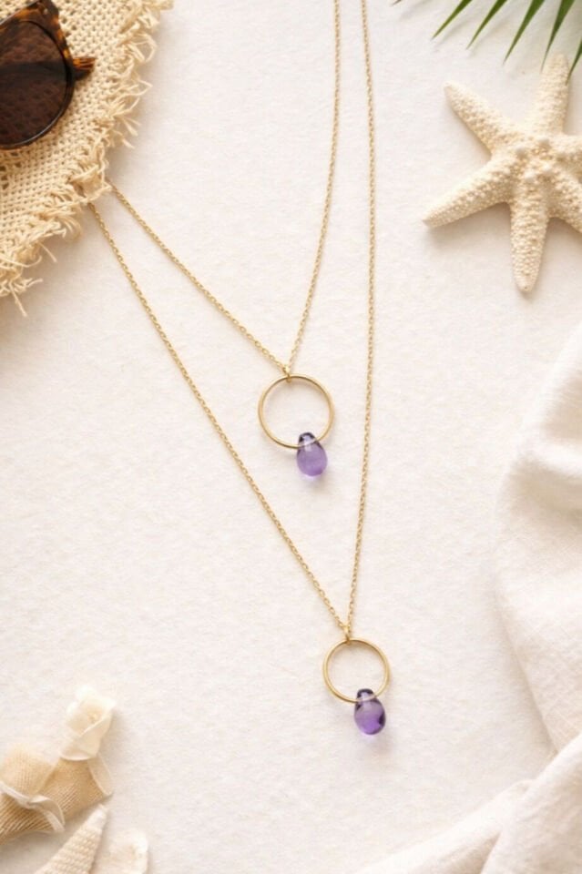 Ametist Taşlı Halka Kolye