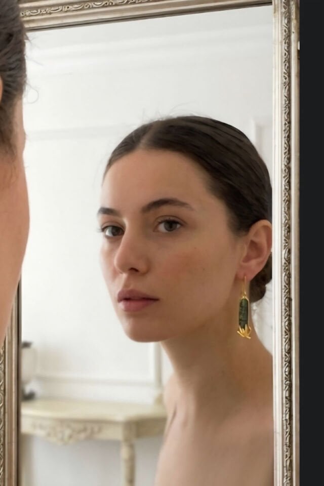 Bambu Detaylı Kyanite Taşlı Küpe