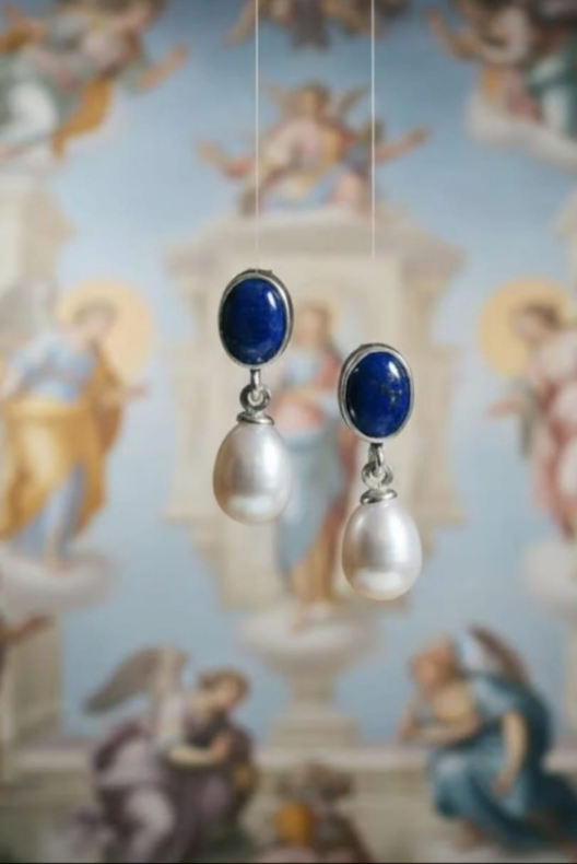 Lapis Lazuli ve İncili Küpe L'ea Gümüş Tasarım